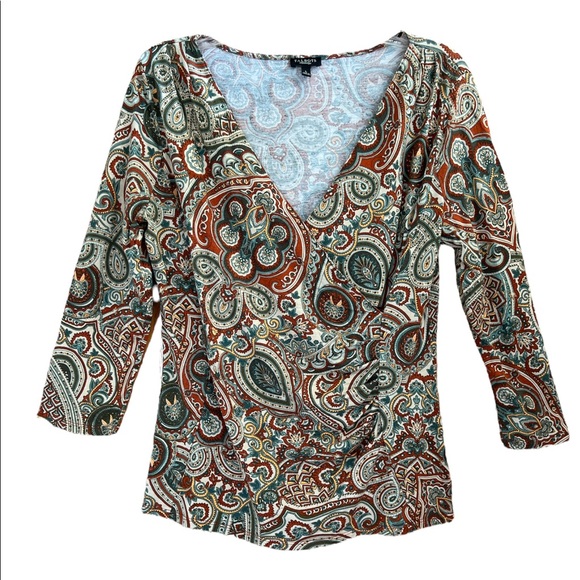 Talbots Tops - Talbots Plunge Wrap V Neckline Paisley Print Rushed Waist Size L